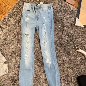 Hollister Women's Distressed Skinny Jeans - Light Blue